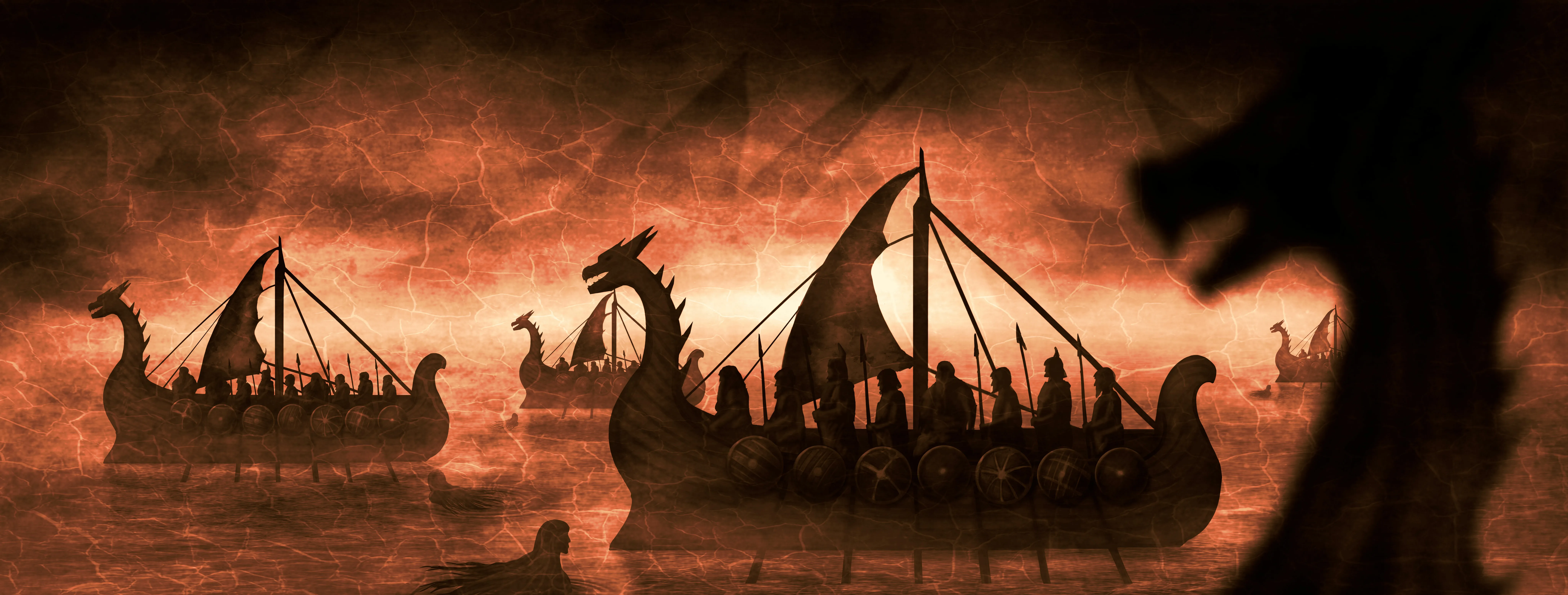 Viking ships with dragon motifs and oarsmen with heavy shields in sepia-toned scene