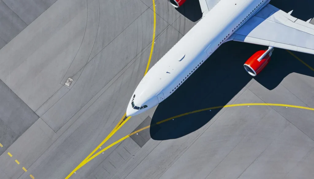 Aerial view of airplane with red jet engines.