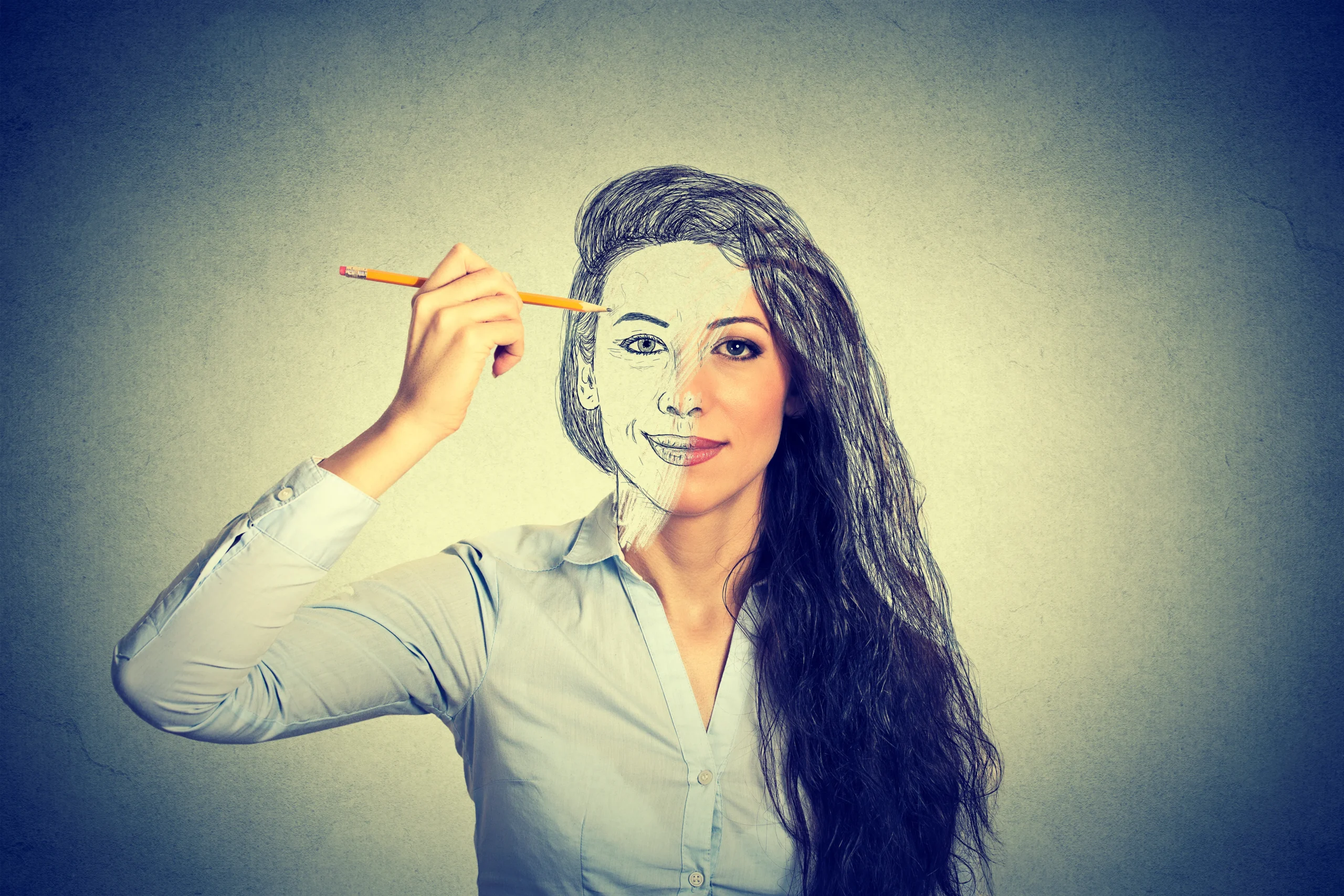 A composite image shows a photograph of a person drawing a self-portrait over their face using a pencil. The photograph is in colour but a section of the face is overlaid with a black and white sketch.